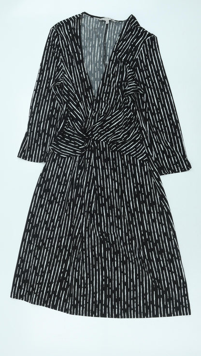 Nutmeg Womens Black Geometric Polyester A-Line Size 10 V-Neck Pullover