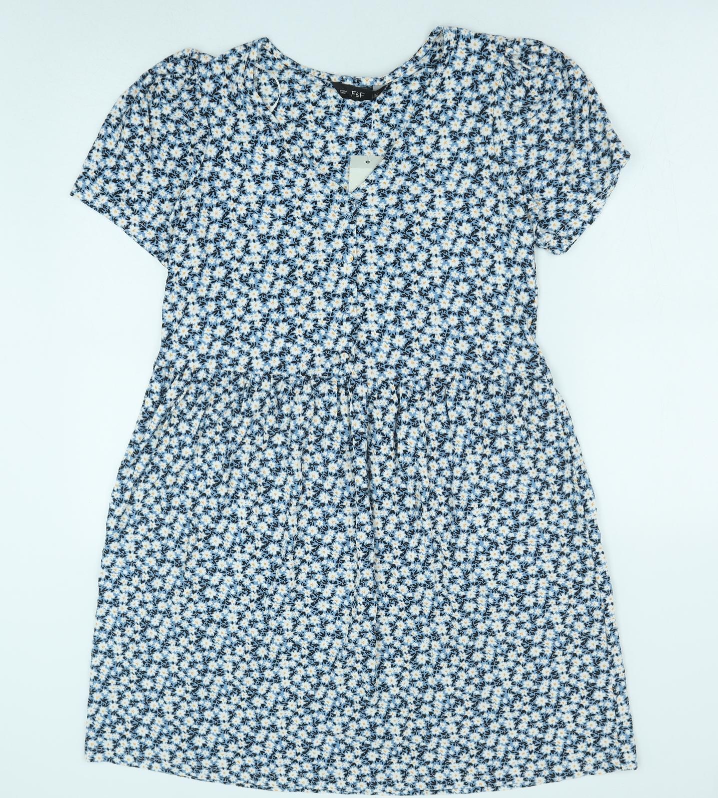 F&F Womens Blue Floral Polyester A-Line Size 10 V-Neck Pullover