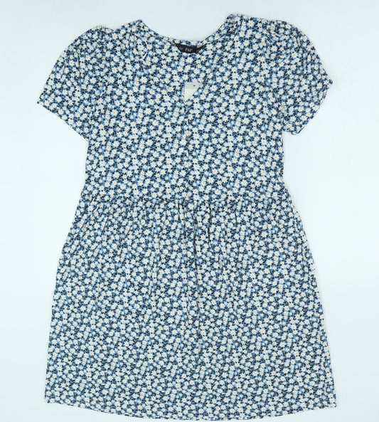 F&F Womens Blue Floral Polyester A-Line Size 10 V-Neck Pullover