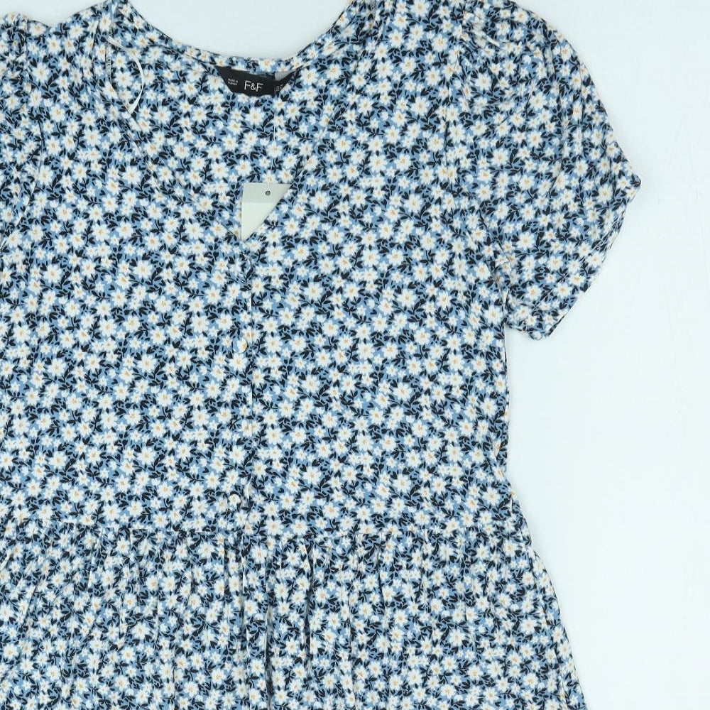 F&F Womens Blue Floral Polyester A-Line Size 10 V-Neck Pullover