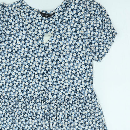 F&F Womens Blue Floral Polyester A-Line Size 10 V-Neck Pullover