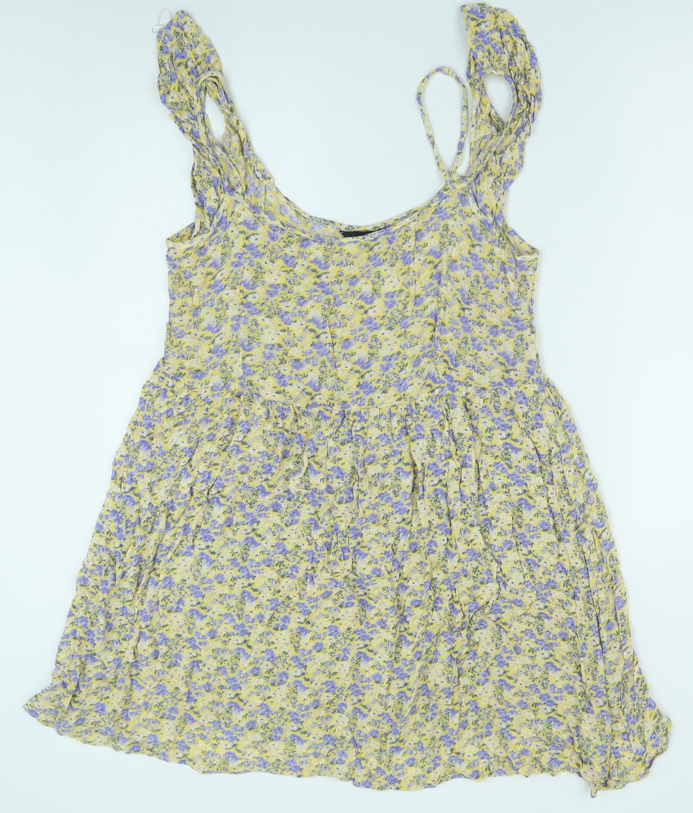 New Look Womens Yellow Floral Viscose A-Line Size 14 Scoop Neck Pullover