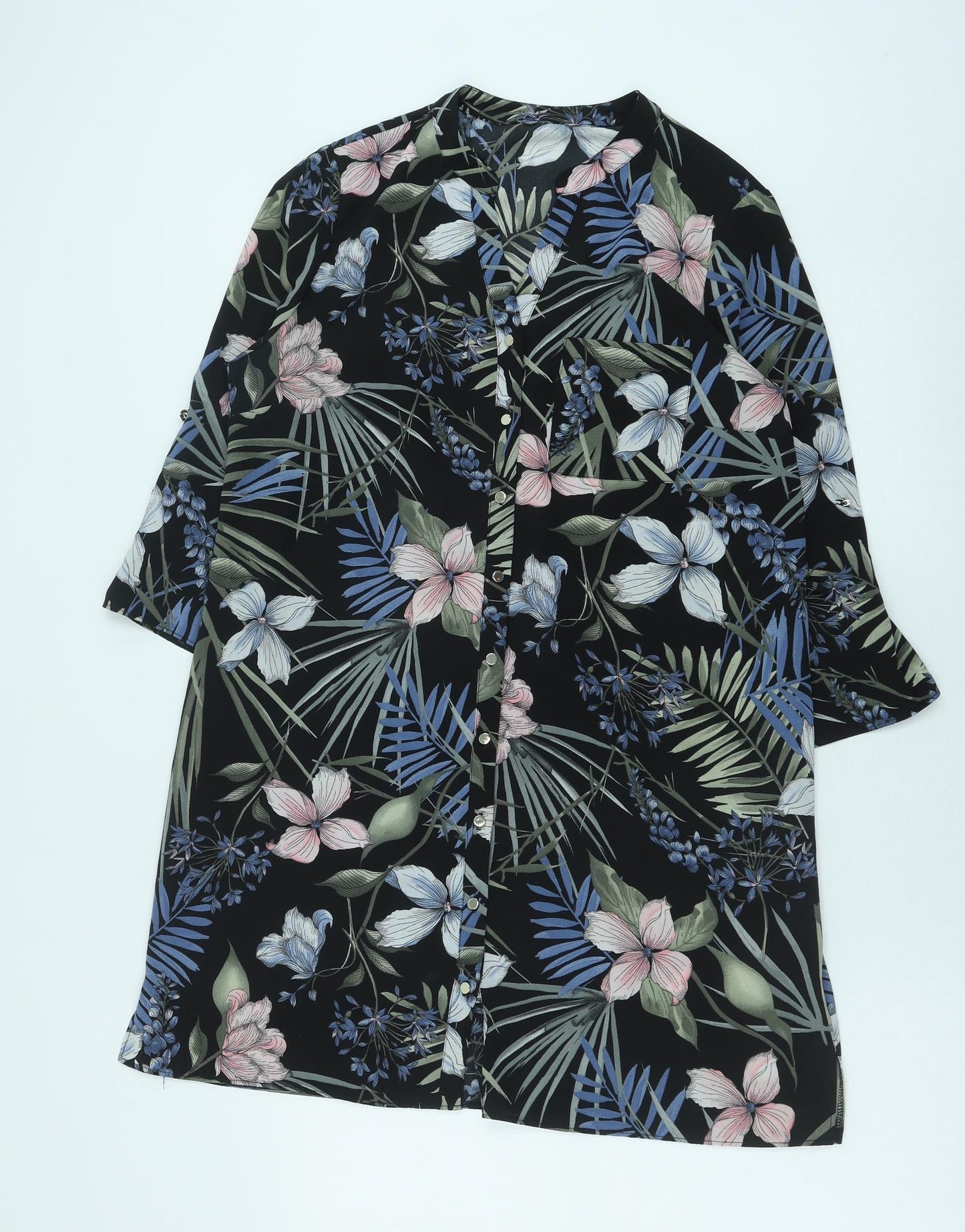 F&F Womens Black Floral Polyester Shift Size 12 V-Neck Button