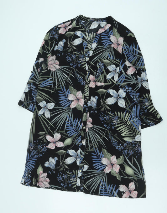 F&F Womens Black Floral Polyester Shift Size 12 V-Neck Button