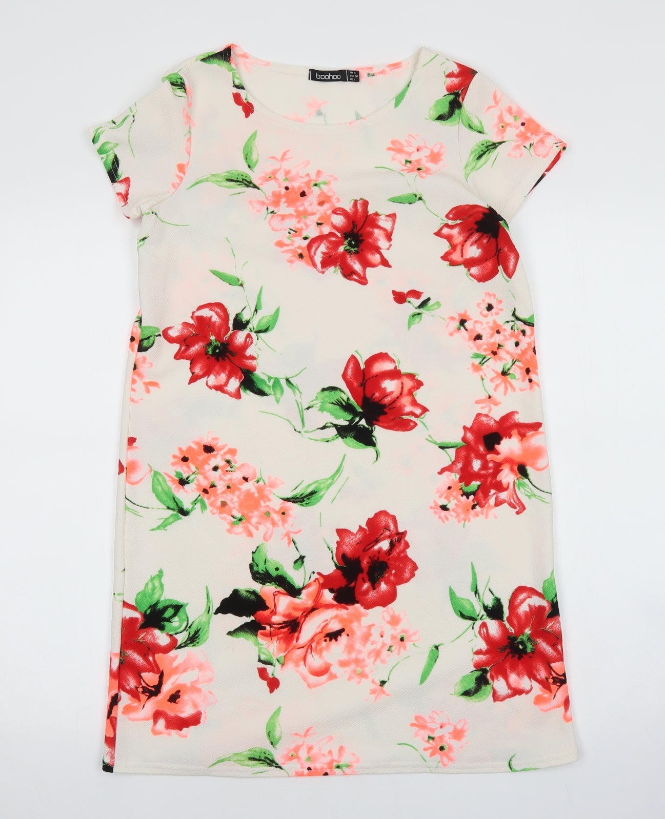 Boohoo Womens White Floral Polyester T-Shirt Dress Size 8 Boat Neck Pullover