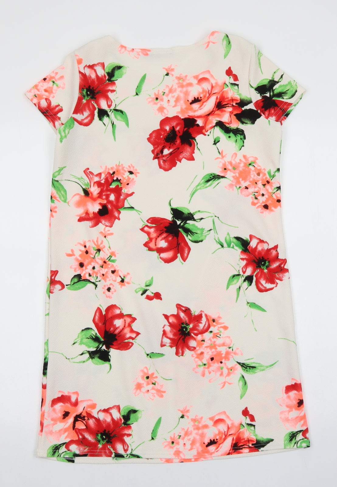 Boohoo Womens White Floral Polyester T-Shirt Dress Size 8 Boat Neck Pullover