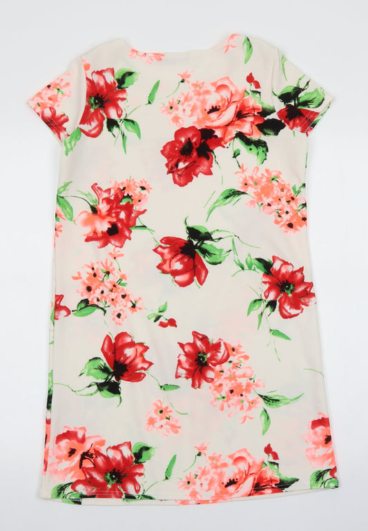 Boohoo Womens White Floral Polyester T-Shirt Dress Size 8 Boat Neck Pullover