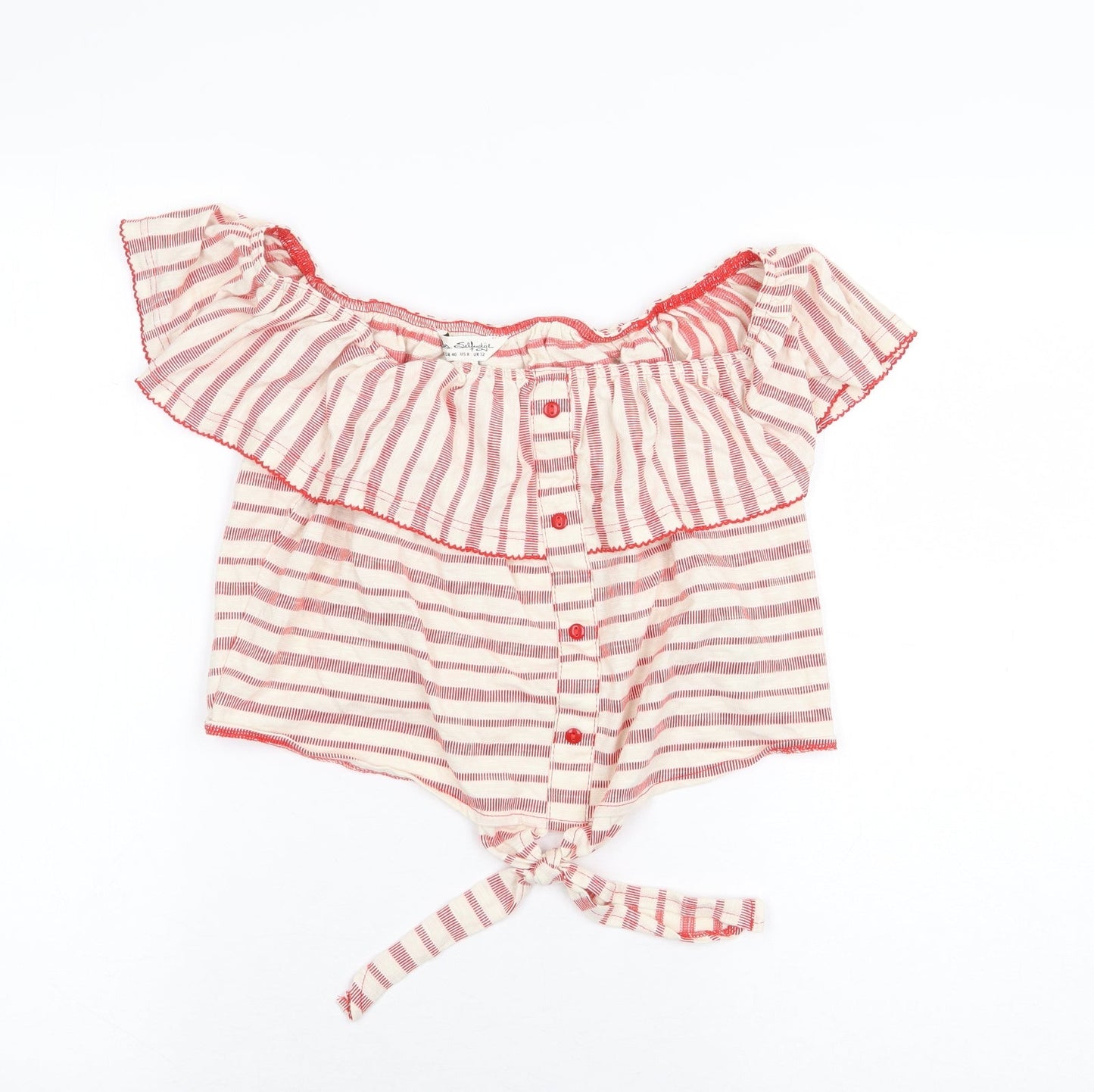 Miss Selfridge Womens Red Striped 100% Cotton Cropped Blouse Size 12 Off the Shoulder