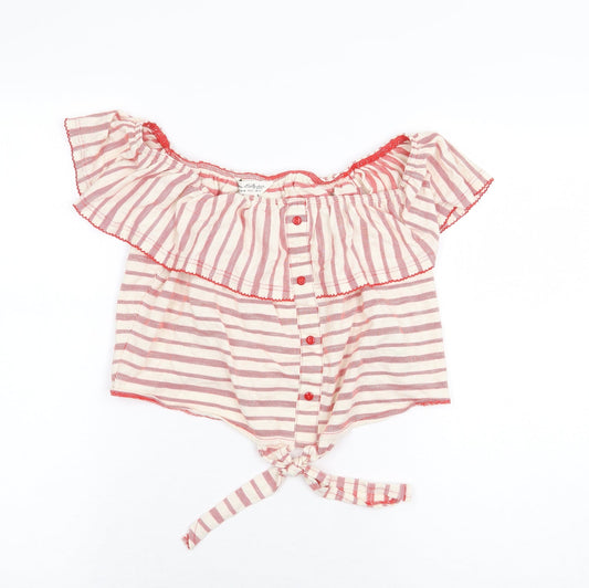 Miss Selfridge Womens Red Striped 100% Cotton Cropped Blouse Size 12 Off the Shoulder