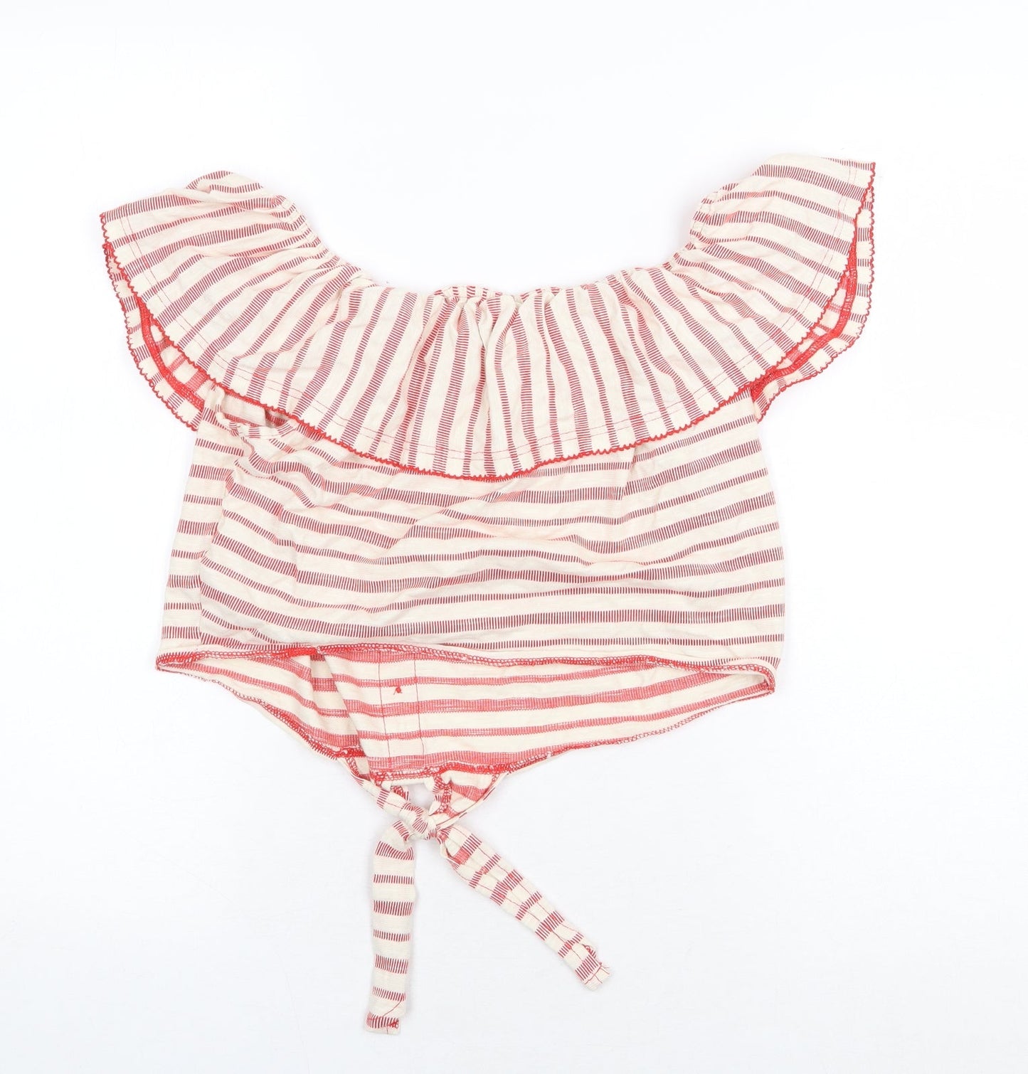 Miss Selfridge Womens Red Striped 100% Cotton Cropped Blouse Size 12 Off the Shoulder