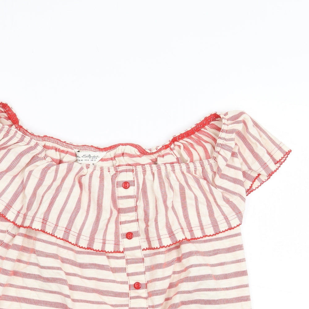 Miss Selfridge Womens Red Striped 100% Cotton Cropped Blouse Size 12 Off the Shoulder