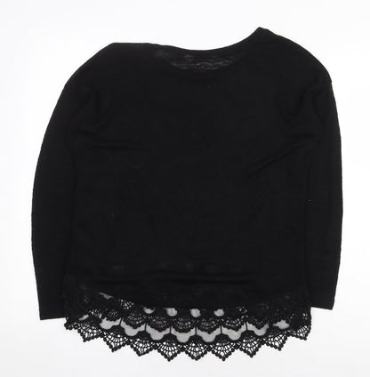 Debenhams Womens Black Herringbone Viscose Basic Blouse Size 10 Boat Neck - Lace Trim
