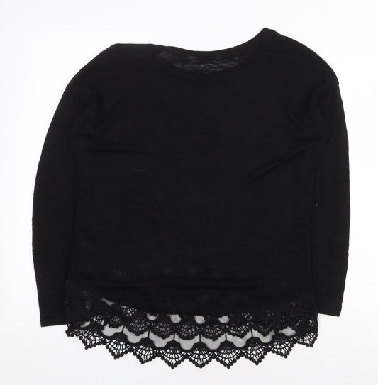 Debenhams Womens Black Herringbone Viscose Basic Blouse Size 10 Boat Neck - Lace Trim