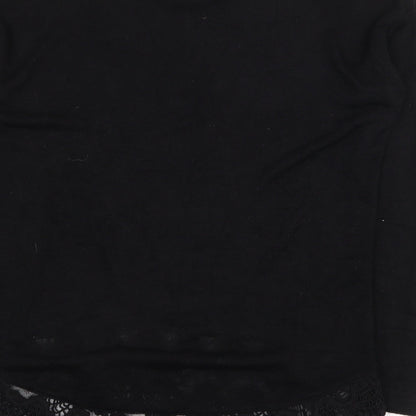 Debenhams Womens Black Herringbone Viscose Basic Blouse Size 10 Boat Neck - Lace Trim