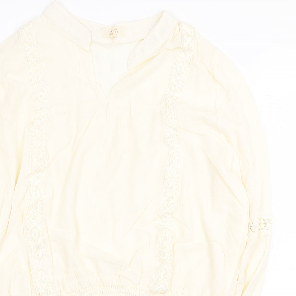 EM Womens Beige Viscose Basic Blouse Size L V-Neck - Shirred Bottom