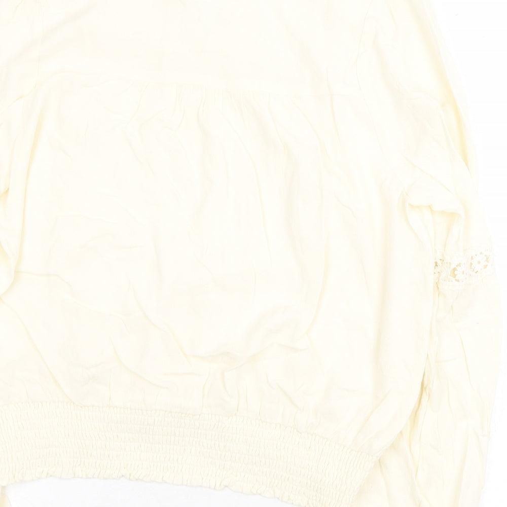 EM Womens Beige Viscose Basic Blouse Size L V-Neck - Shirred Bottom