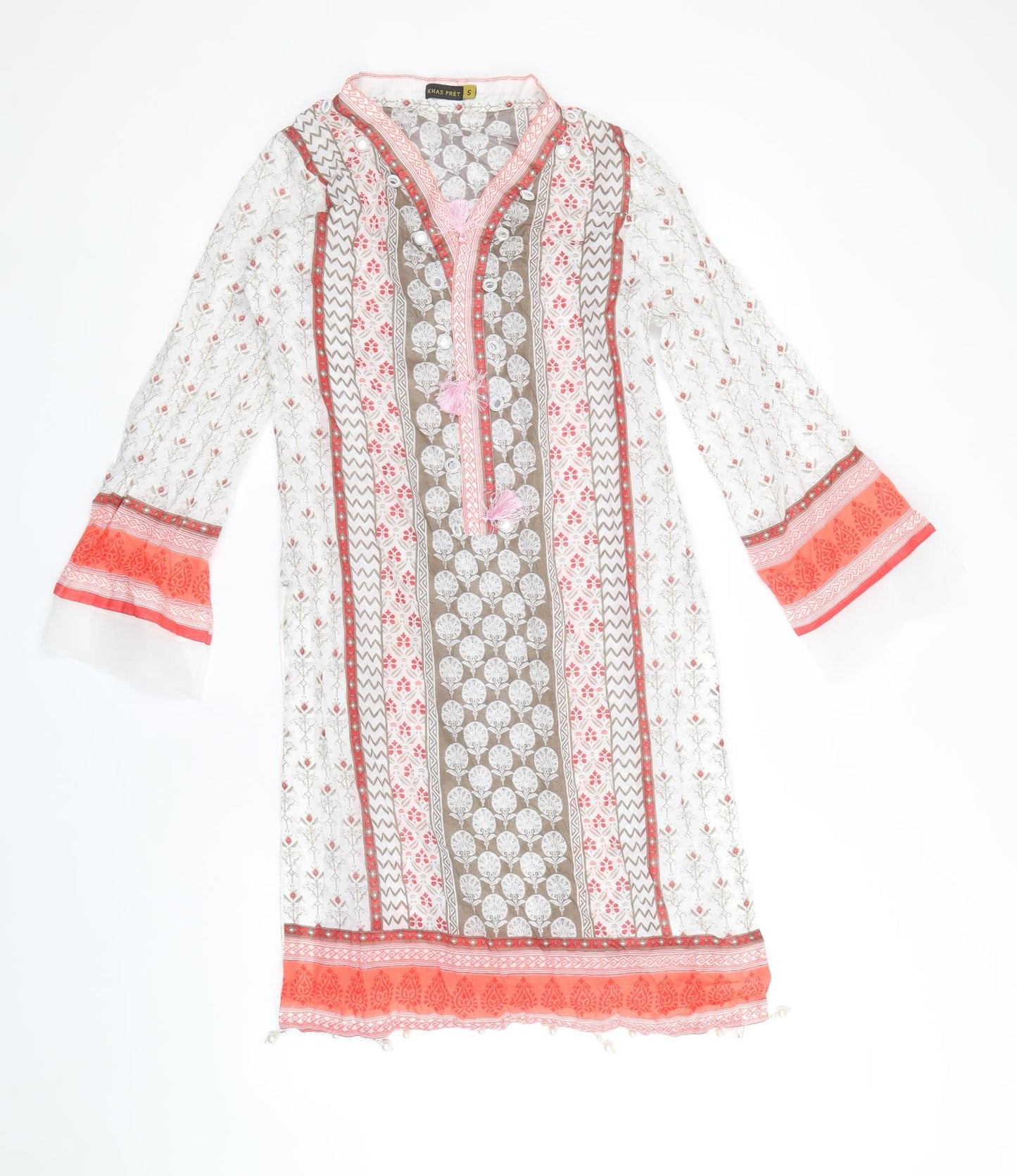 Khas Pret Womens White Geometric Polyester Tunic T-Shirt Size S V-Neck