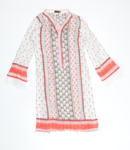 Khas Pret Womens White Geometric Polyester Tunic T-Shirt Size S V-Neck