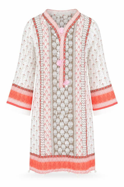 Khas Pret Womens White Geometric Polyester Tunic T-Shirt Size S V-Neck