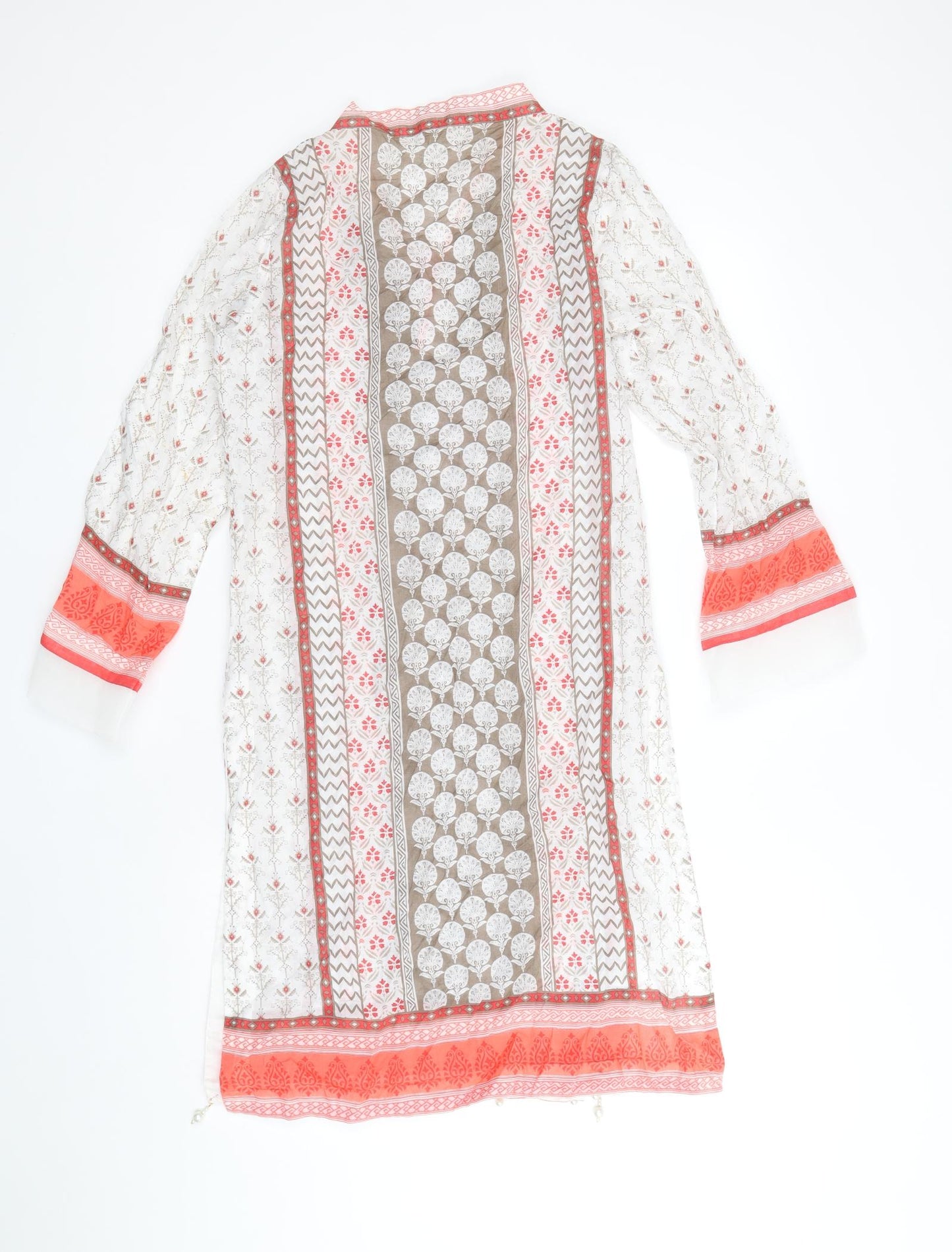 Khas Pret Womens White Geometric Polyester Tunic T-Shirt Size S V-Neck
