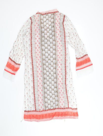 Khas Pret Womens White Geometric Polyester Tunic T-Shirt Size S V-Neck