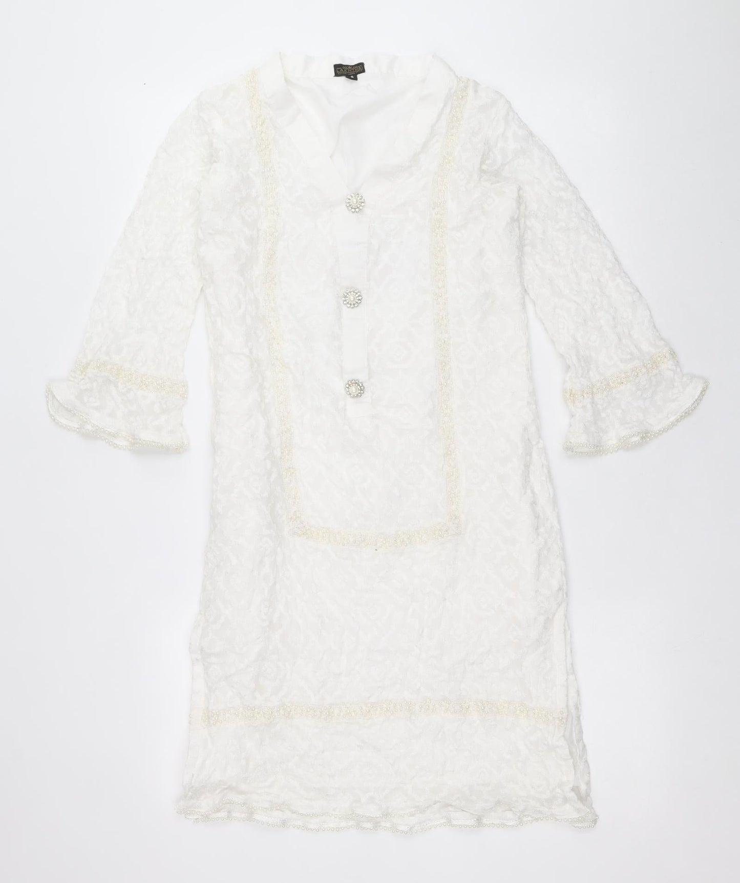 Lakthai Womens White Geometric Polyester Tunic T-Shirt Size S V-Neck