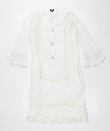 Lakthai Womens White Geometric Polyester Tunic T-Shirt Size S V-Neck