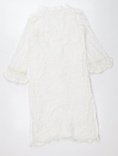 Lakthai Womens White Geometric Polyester Tunic T-Shirt Size S V-Neck