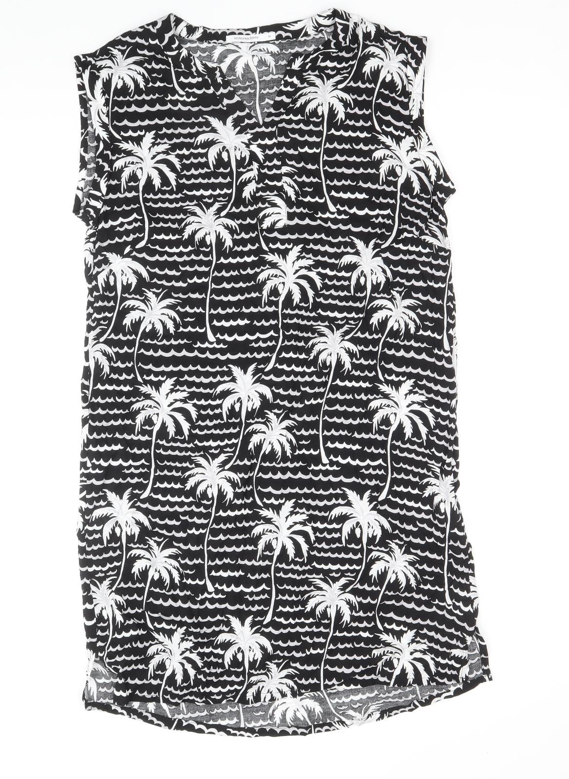 Monoprix Femme Womens Black Geometric Viscose Shift Size 10 V-Neck Button - Palm Tree Print