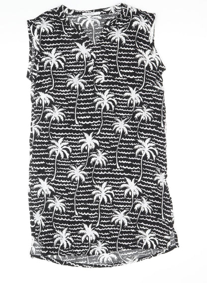 Monoprix Femme Womens Black Geometric Viscose Shift Size 10 V-Neck Button - Palm Tree Print