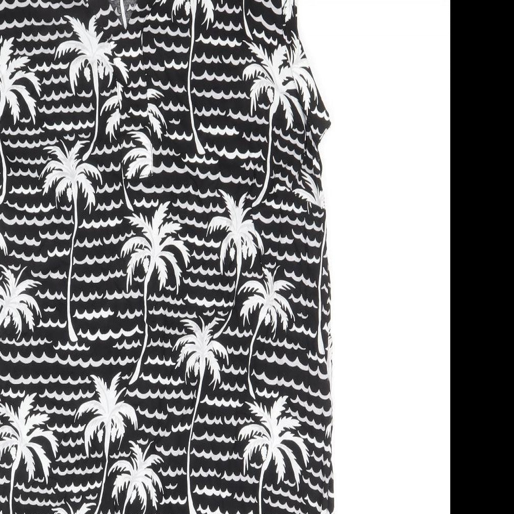Monoprix Femme Womens Black Geometric Viscose Shift Size 10 V-Neck Button - Palm Tree Print