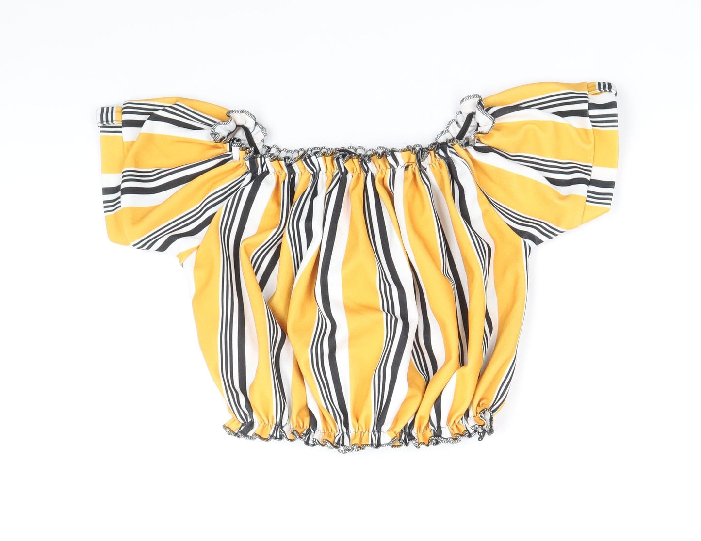 Select Womens Yellow Striped Polyester Cropped Blouse Size 14 Off the Shoulder - Shirred neckline and bottom