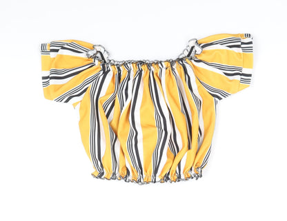 Select Womens Yellow Striped Polyester Cropped Blouse Size 14 Off the Shoulder - Shirred neckline and bottom