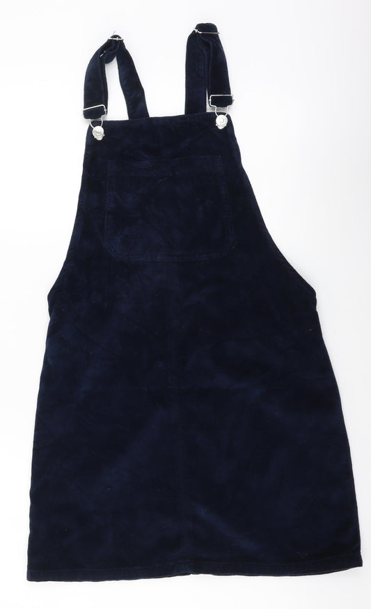 Topshop Womens Blue Cotton Pinafore/Dungaree Dress Size 6 Square Neck Buckle
