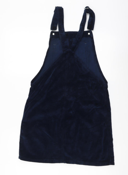Topshop Womens Blue Cotton Pinafore/Dungaree Dress Size 6 Square Neck Buckle