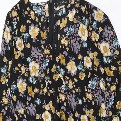 I SAW IT FIRST Womens Black Floral Polyester A-Line Size 12 V-Neck Zip