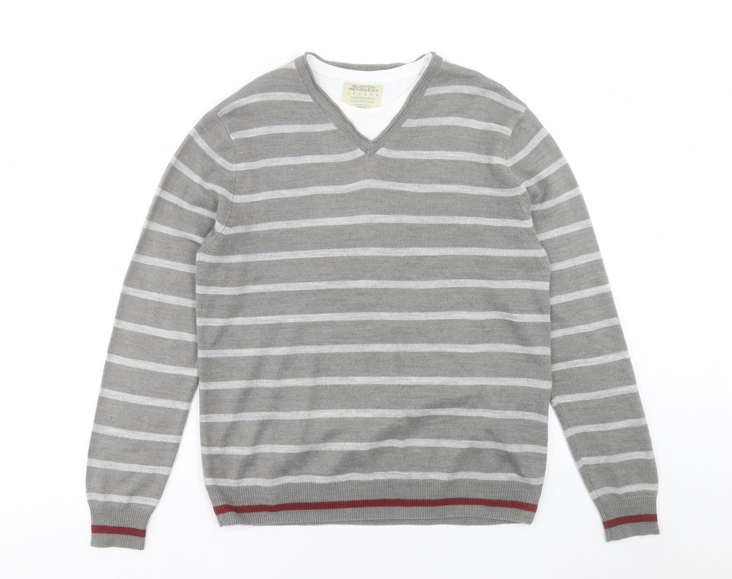 Burton Mens Grey V-Neck Striped Acrylic Pullover Jumper Size M