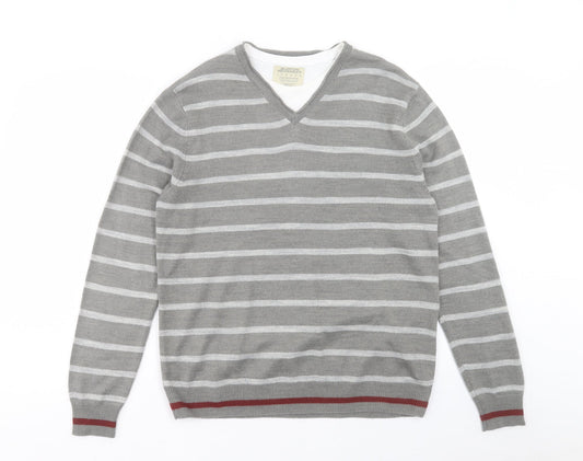 Burton Mens Grey V-Neck Striped Acrylic Pullover Jumper Size M