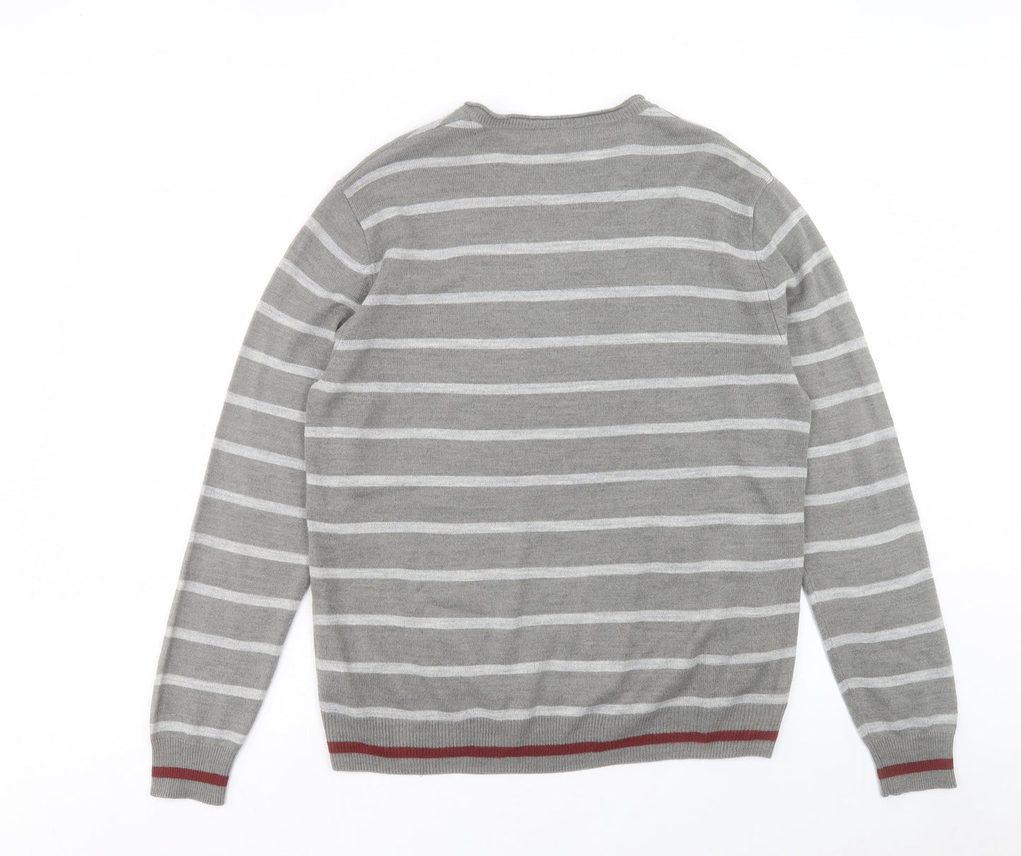 Burton Mens Grey V-Neck Striped Acrylic Pullover Jumper Size M