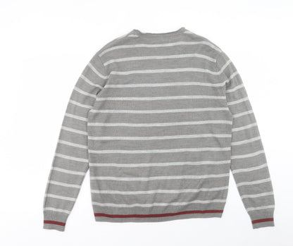 Burton Mens Grey V-Neck Striped Acrylic Pullover Jumper Size M