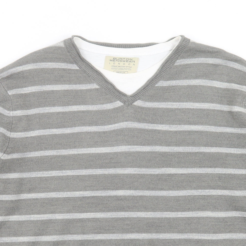 Burton Mens Grey V-Neck Striped Acrylic Pullover Jumper Size M
