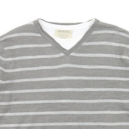 Burton Mens Grey V-Neck Striped Acrylic Pullover Jumper Size M