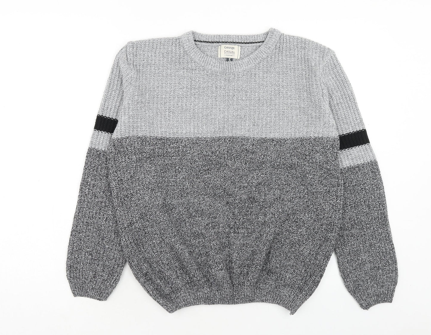 George Womens Grey Round Neck Striped Acrylic Pullover Jumper Size S