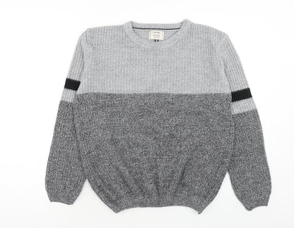 George Womens Grey Round Neck Striped Acrylic Pullover Jumper Size S
