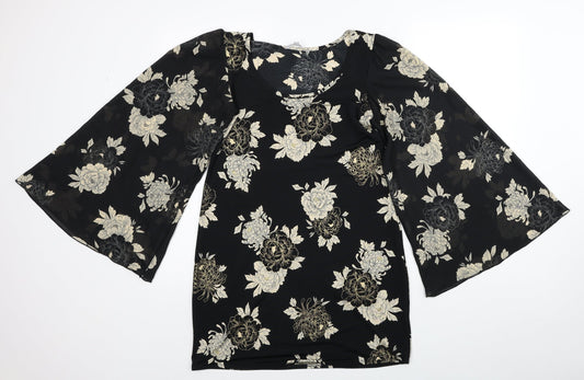 Red Herring Womens Black Floral Polyester Mini Size 8 Scoop Neck Pullover