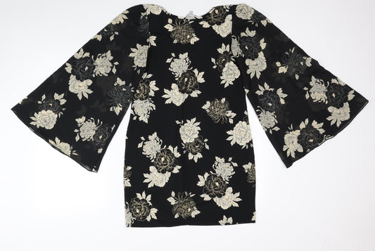 Red Herring Womens Black Floral Polyester Mini Size 8 Scoop Neck Pullover