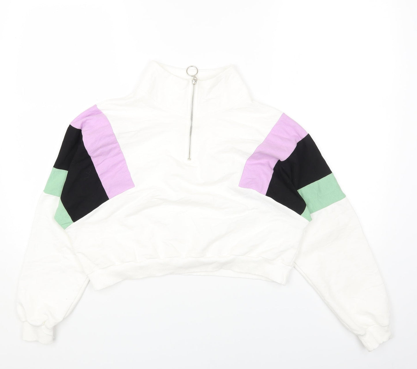Preworn Womens White Colourblock Cotton Pullover Sweatshirt Size M Zip - Cropped
