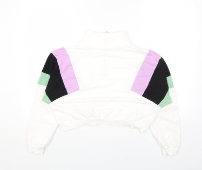 Preworn Womens White Colourblock Cotton Pullover Sweatshirt Size M Zip - Cropped