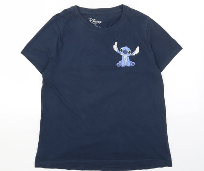 Primark Womens Blue Cotton Basic T-Shirt Size S Round Neck - Stitch Print