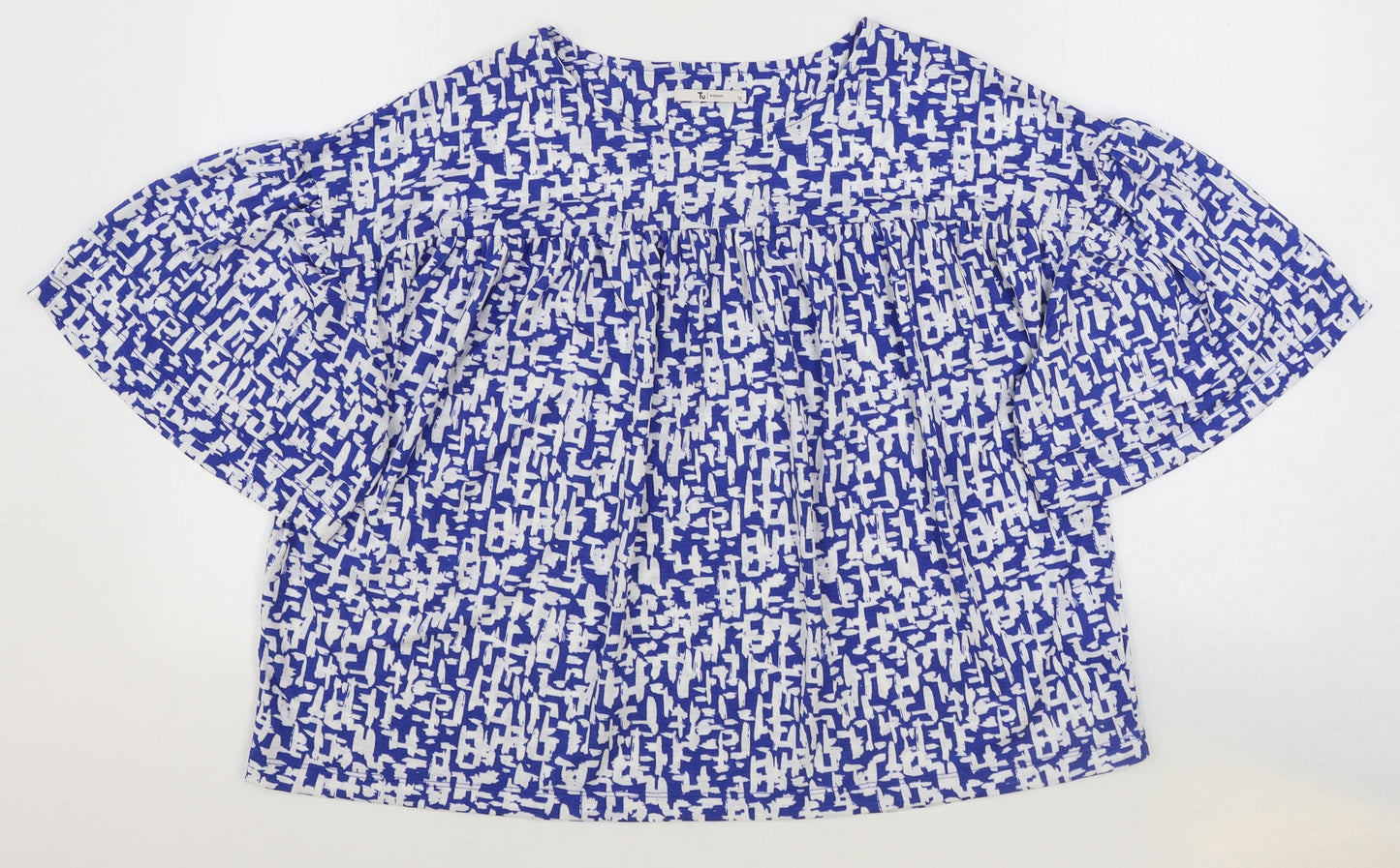 TU Womens Blue Geometric Polyester Basic T-Shirt Size 12 Round Neck